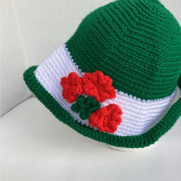 Hat Bucket Hand Crafted Stylish Green Red White Floral Crochet